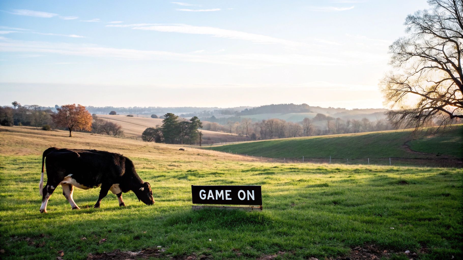 A brown cow with its calf standing in a green pasture under a clear sky A brown cow with its calf standing in a green pasture under a clear sky