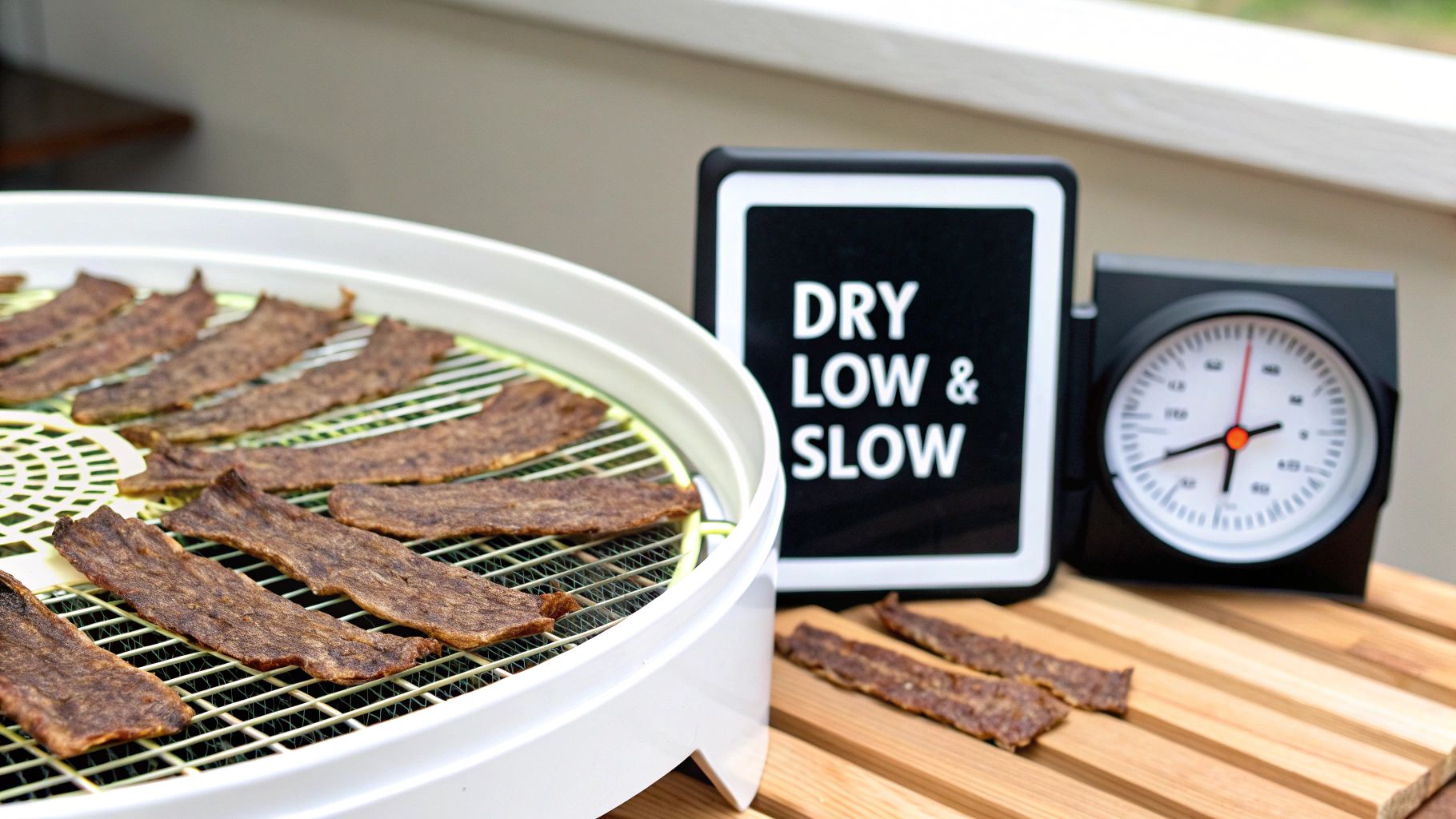 Strips of marinated jerky drying in a food dehydrator Strips of marinated jerky drying in a food dehydrator