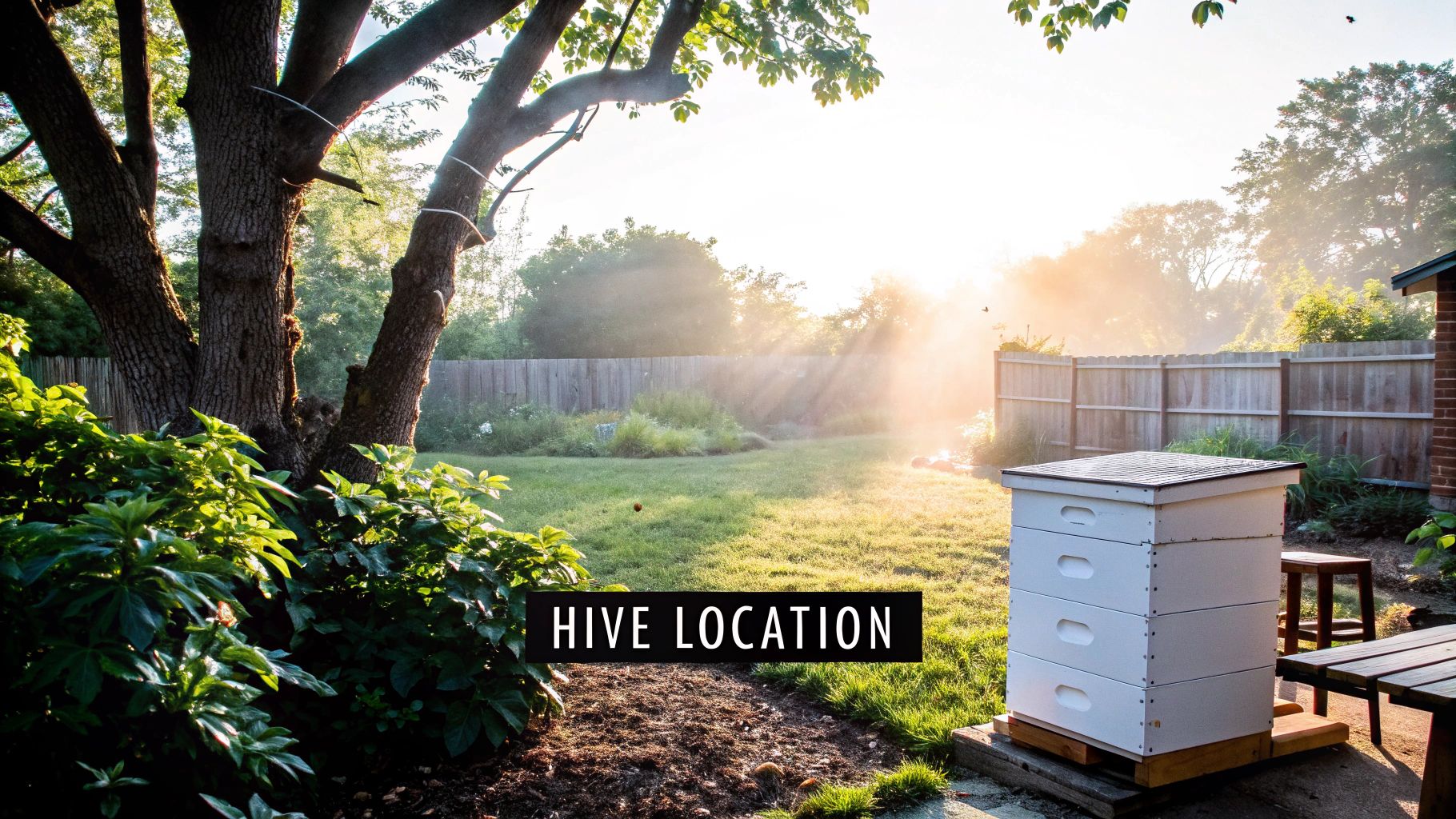 A beehive situated in a lush green backyard, surrounded by flowers and trees. A beehive situated in a lush green backyard, surrounded by flowers and trees.