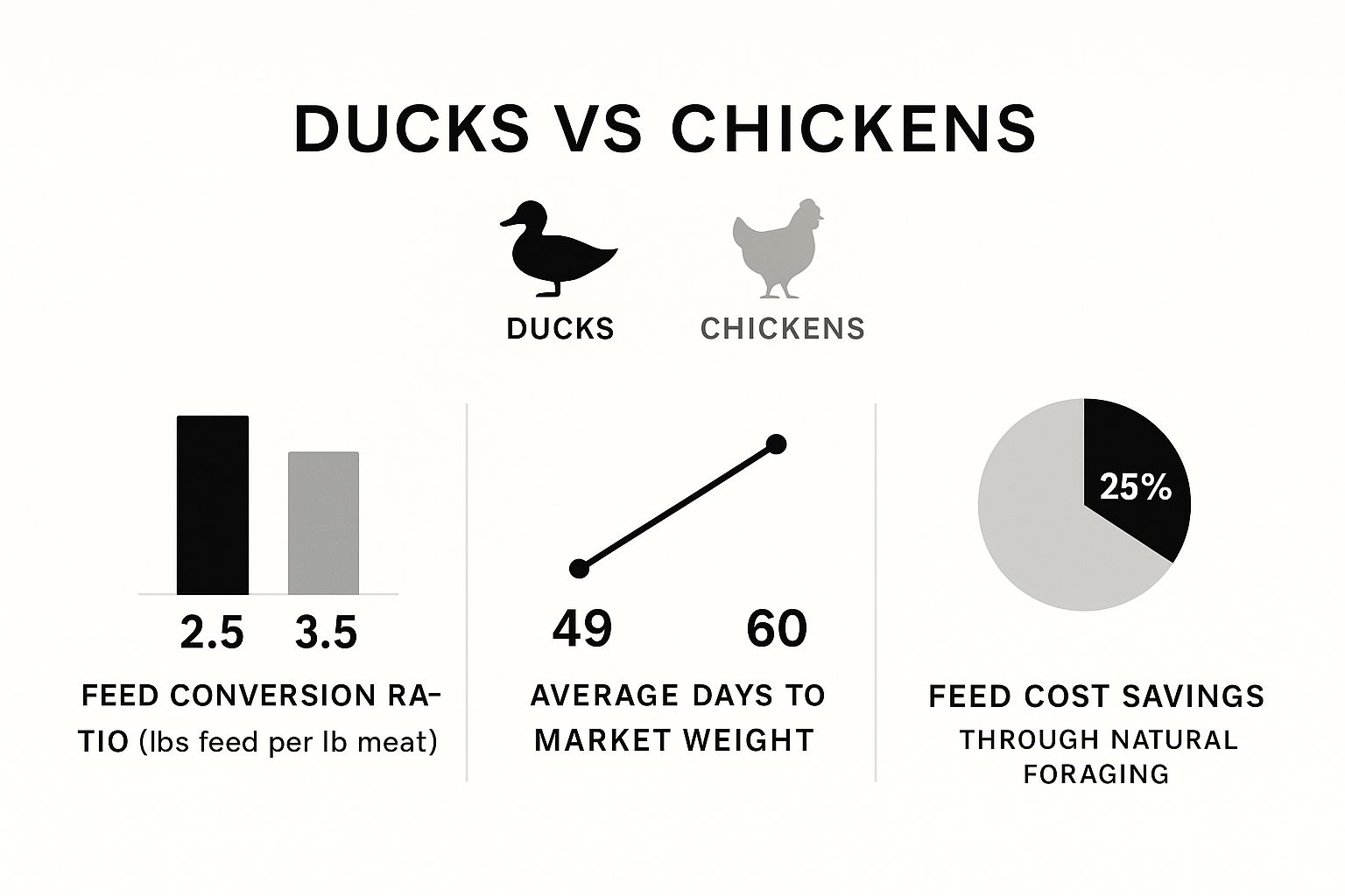 Infographic comparing the feed conversion, days to market, and feed savings of ducks versus chickens Infographic comparing the feed conversion, days to market, and feed savings of ducks versus chickens