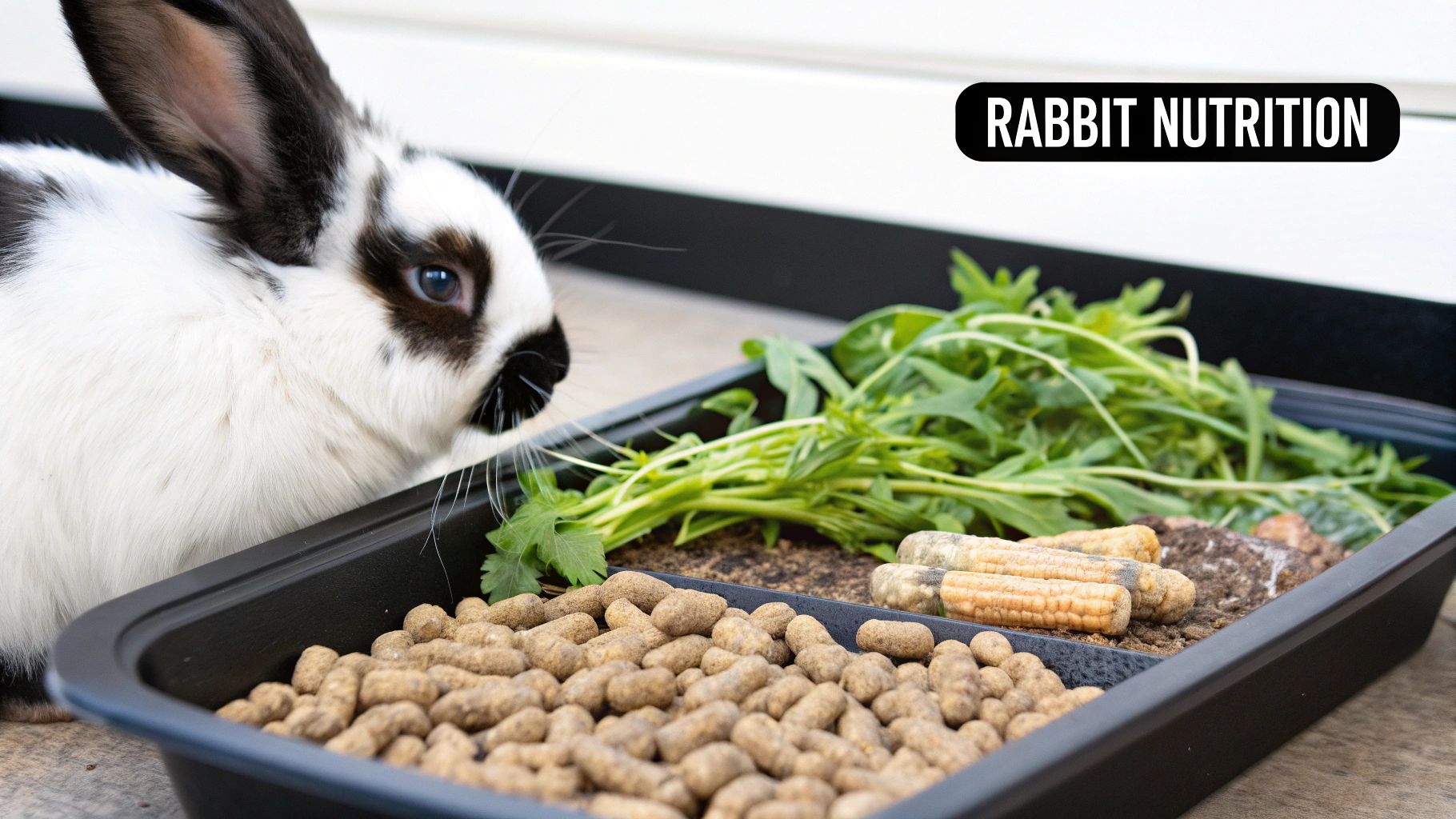 A rabbit eating pellets from a J-feeder in a clean wire cage A rabbit eating pellets from a J-feeder in a clean wire cage