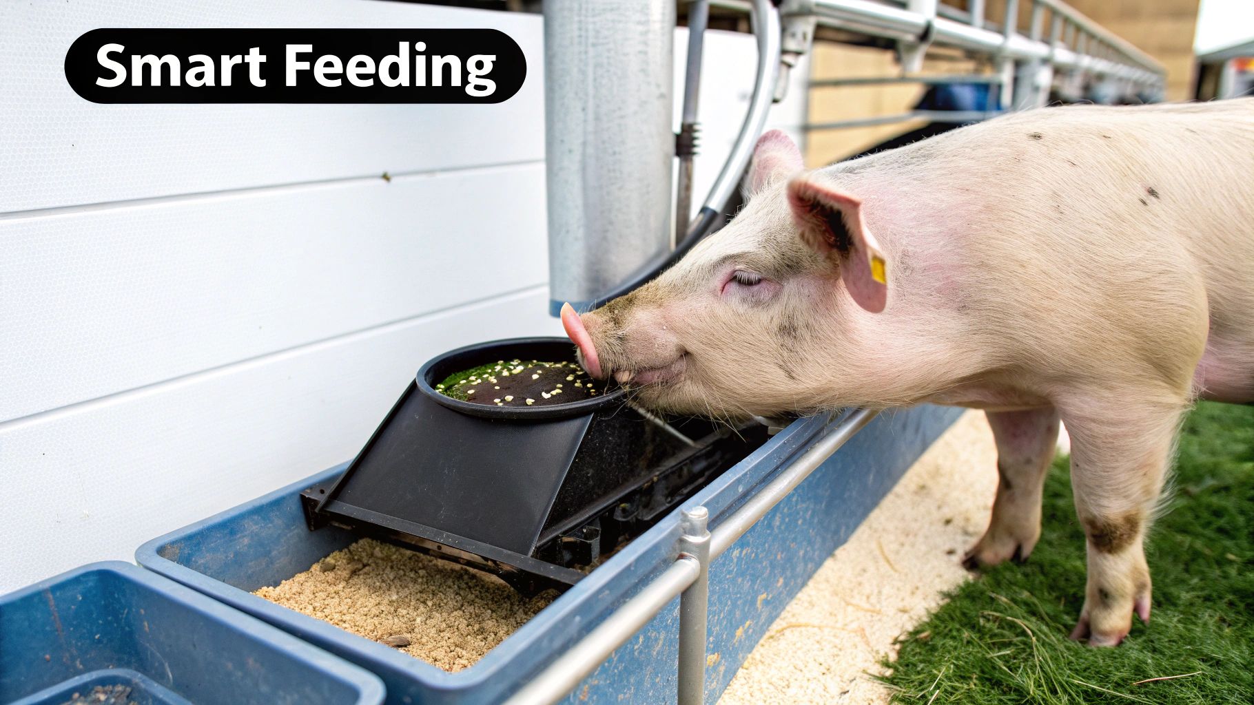 Two pigs eating from a trough in a pasture. Two pigs eating from a trough in a pasture.