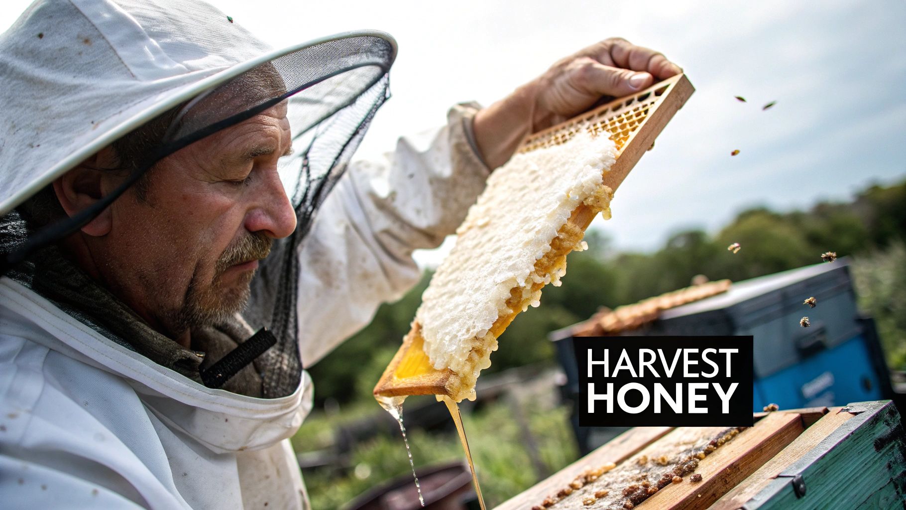 A beekeeper holding up a frame of honeycomb, with sunlight shining through the golden honey. A beekeeper holding up a frame of honeycomb, with sunlight shining through the golden honey.