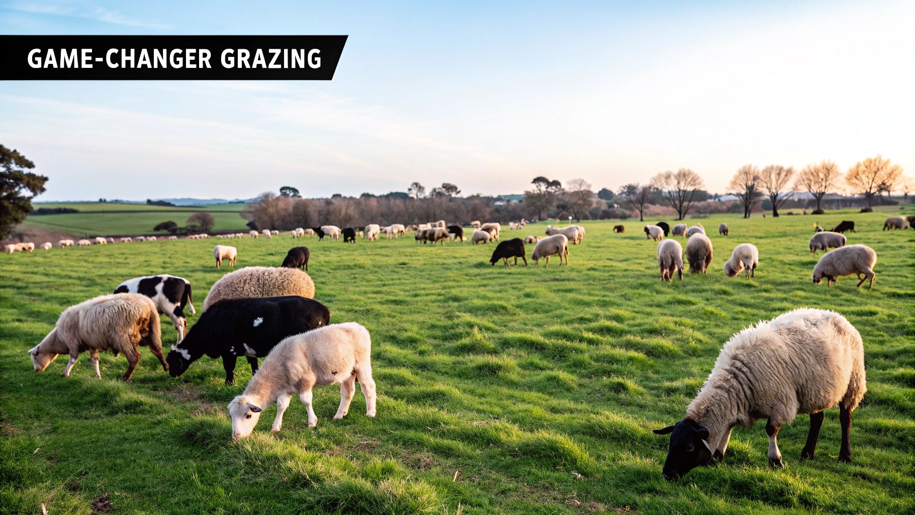 A small herd of sheep and cattle grazing in a green pasture under a sunny sky, illustrating rotational grazing in action. A small herd of sheep and cattle grazing in a green pasture under a sunny sky, illustrating rotational grazing in action.