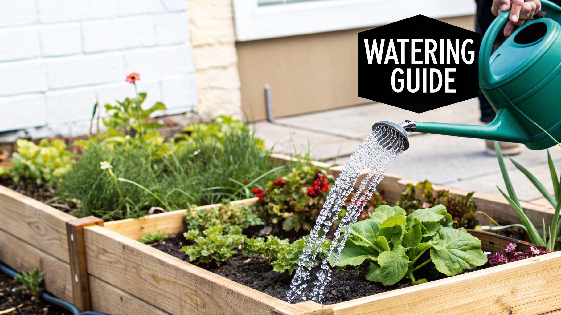 A woman watering a lush square foot garden with a watering can.
