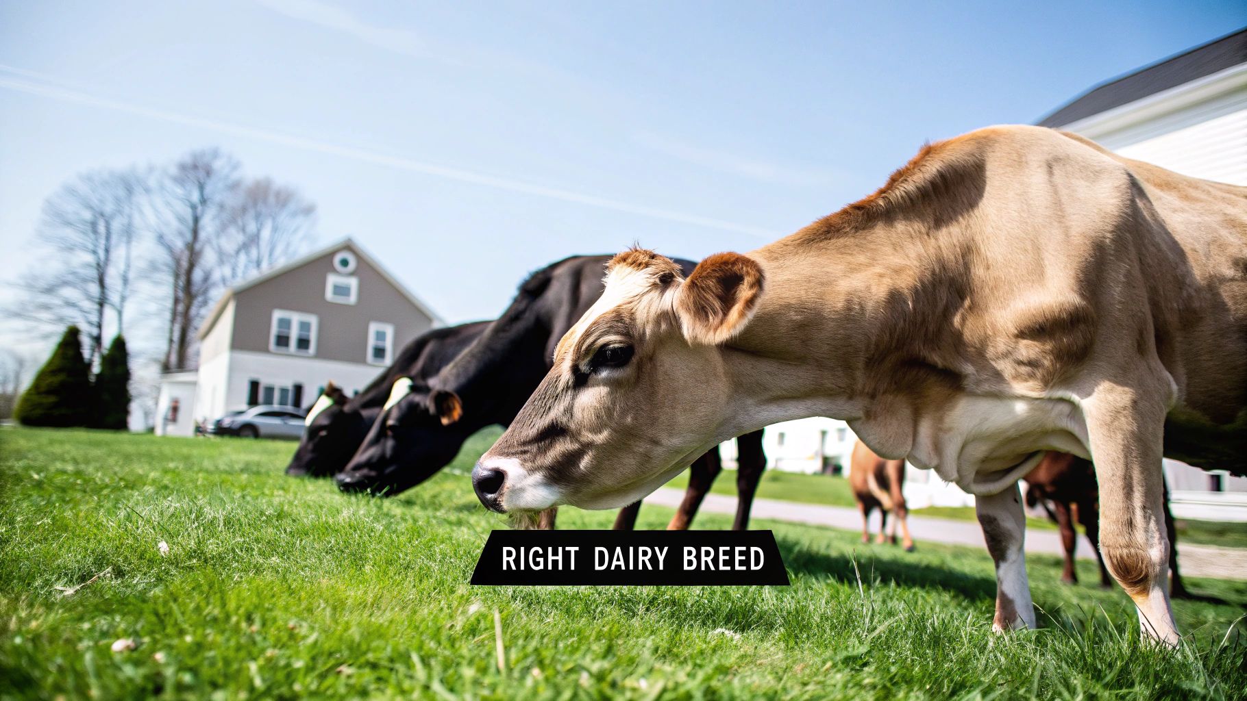 A small brown dairy cow with a white face stands in a green pasture. A small brown dairy cow with a white face stands in a green pasture.