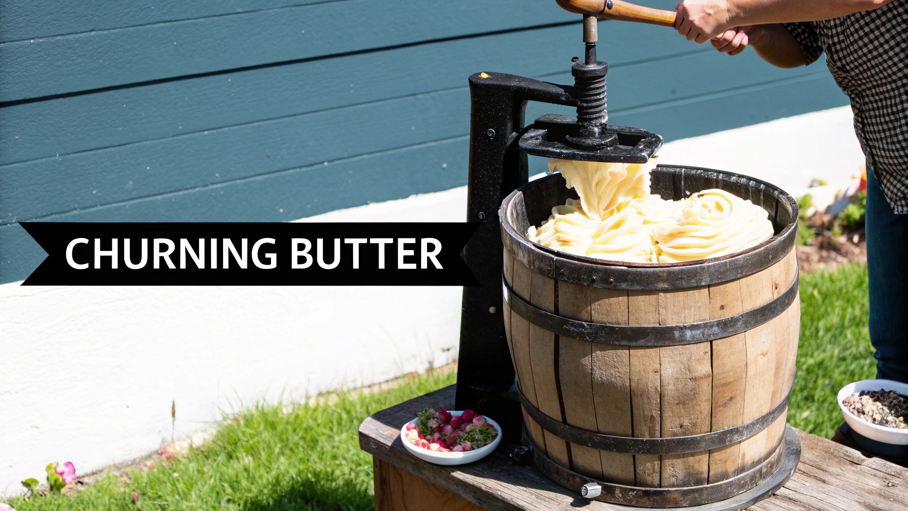 A pat of freshly washed butter on a wooden board with salt crystals sprinkled on top. A pat of freshly washed butter on a wooden board with salt crystals sprinkled on top.
