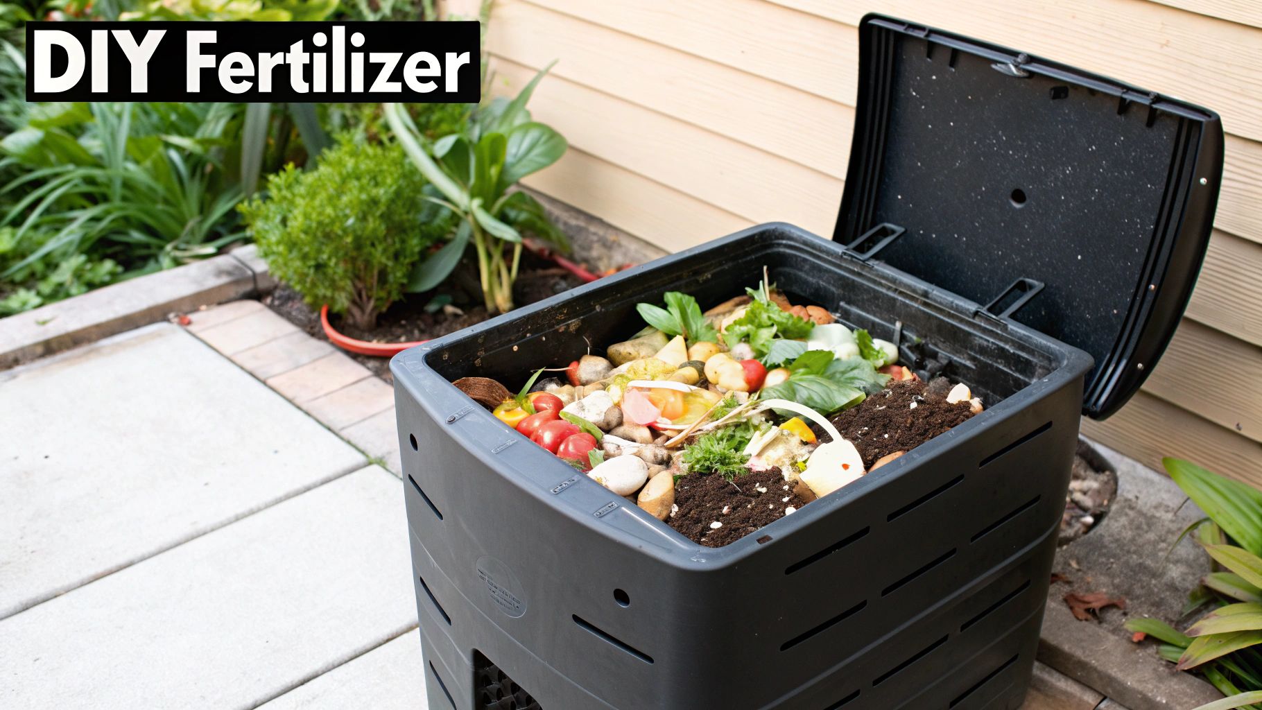 A gardener's hands are shown spreading dark, granular natural fertilizer around the base of a young vegetable plant. A gardener's hands are shown spreading dark, granular natural fertilizer around the base of a young vegetable plant.