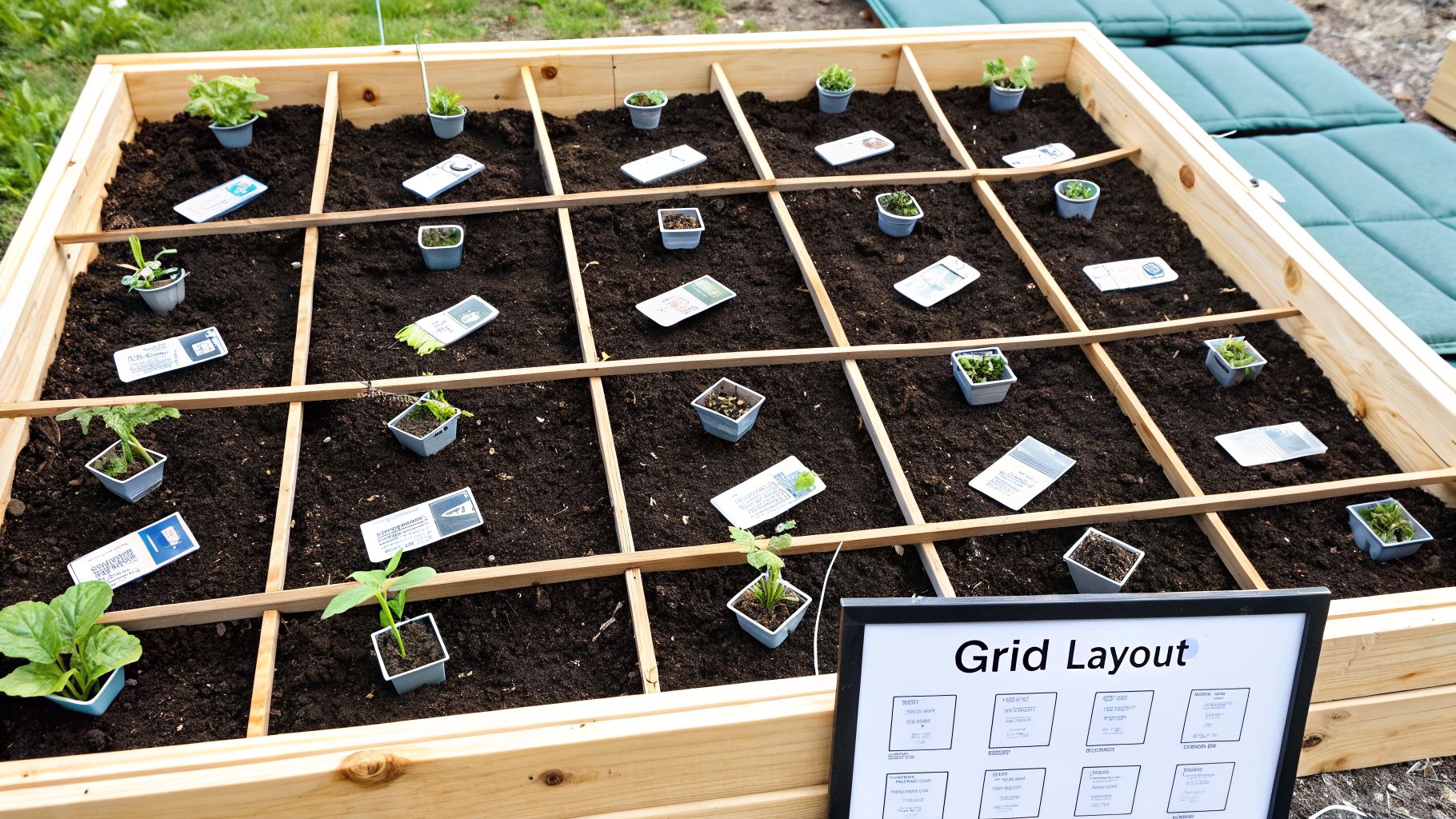 A person pointing at a square foot garden plan on a sunny day.