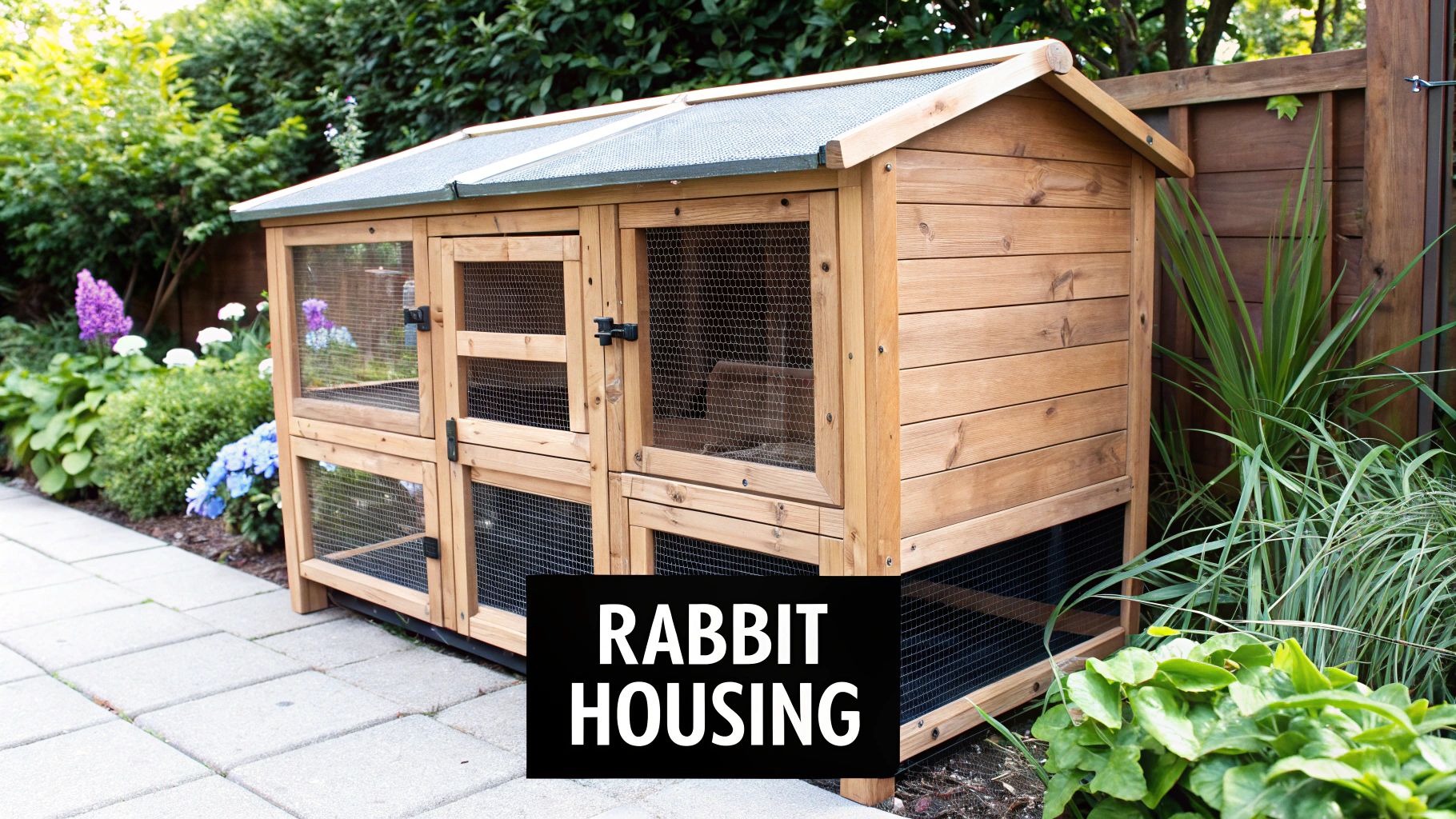 A row of wire rabbit cages with feeders attached, inside a clean and well-lit barn or shed. A row of wire rabbit cages with feeders attached, inside a clean and well-lit barn or shed.