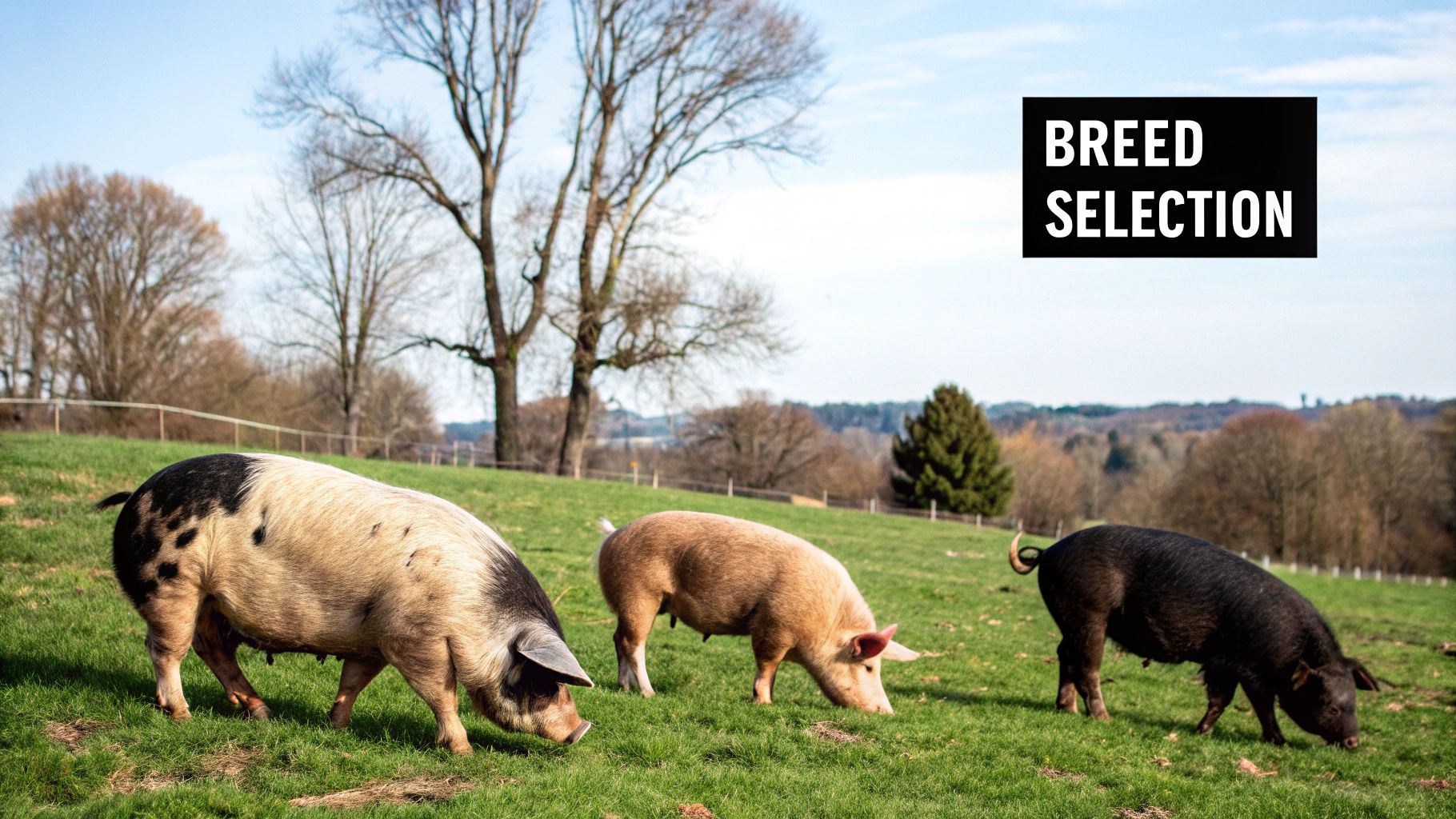 A group of brown pigs foraging in a green pasture, illustrating homestead pig breeds. A group of brown pigs foraging in a green pasture, illustrating homestead pig breeds.