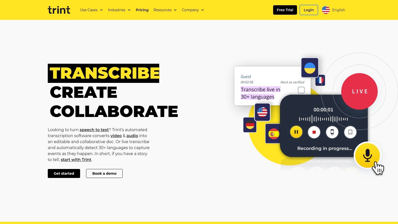 Trint homepage screenshot