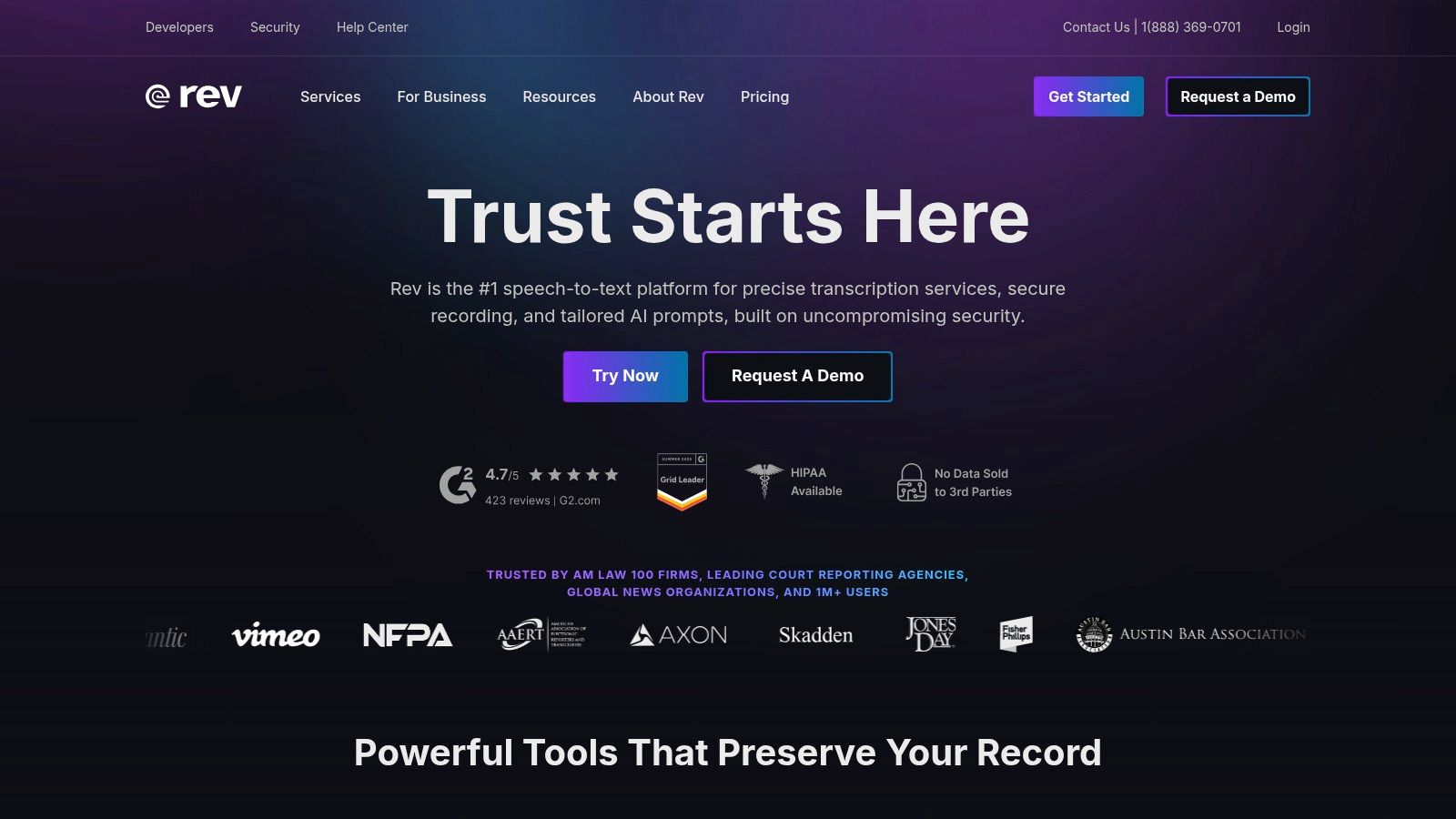 Rev homepage screenshot