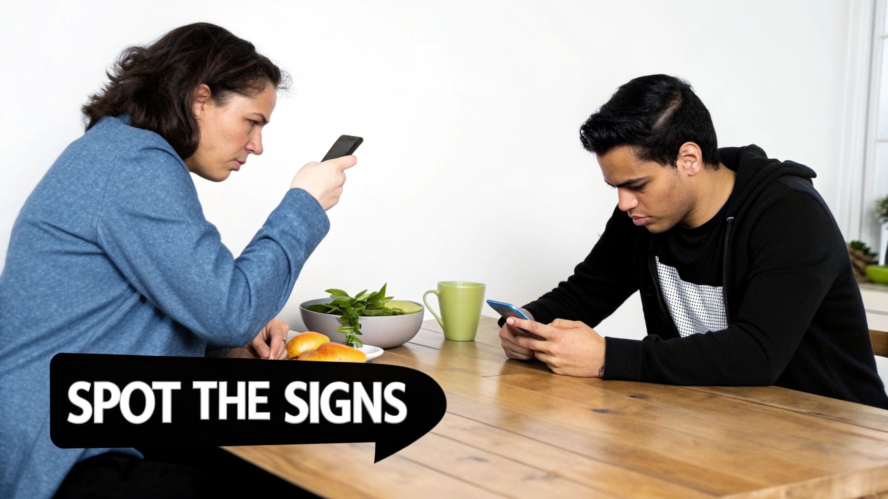 Two individuals at a table, both engrossed in their phones, highlighting digital distraction.