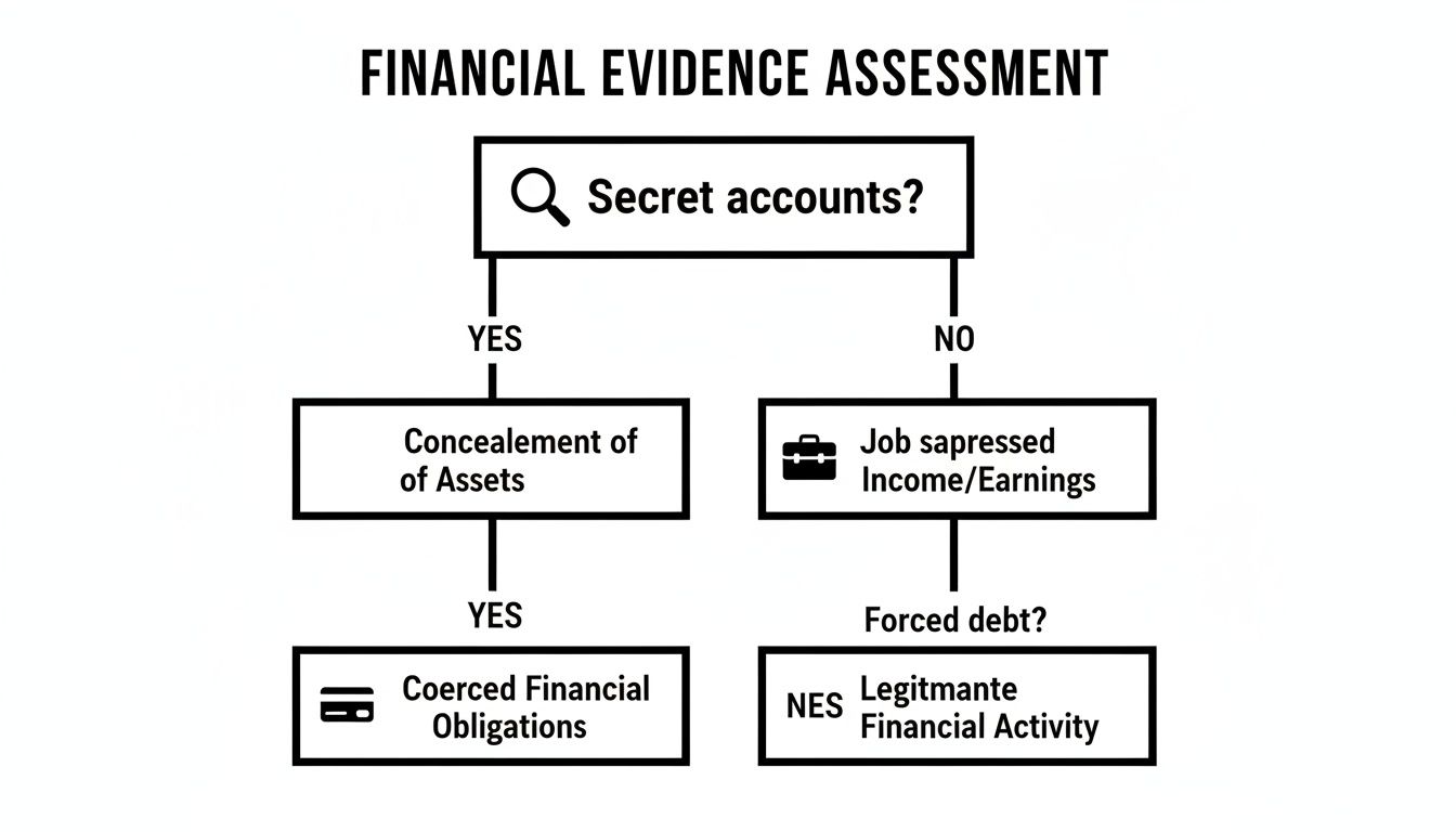 A flowchart for financial evidence assessment, identifying secret accounts, asset concealment, and coerced obligations.