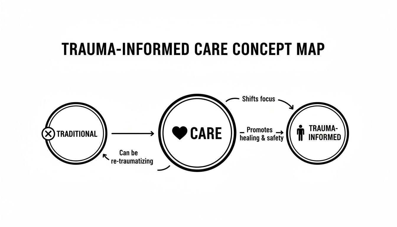 Concept map showing the evolution from traditional, potentially re-traumatizing care to trauma-informed care, promoting healing and safety.