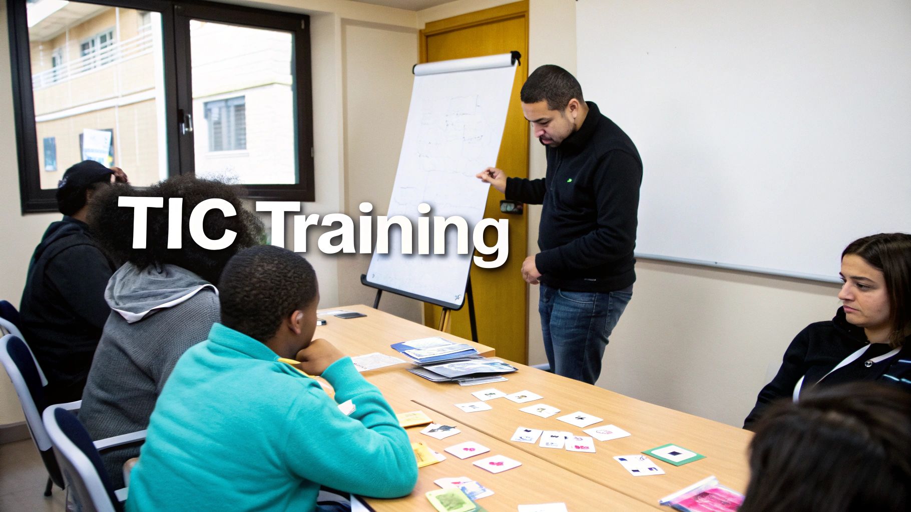 Instructor leads a diverse group of adults in a trauma-informed care training session.