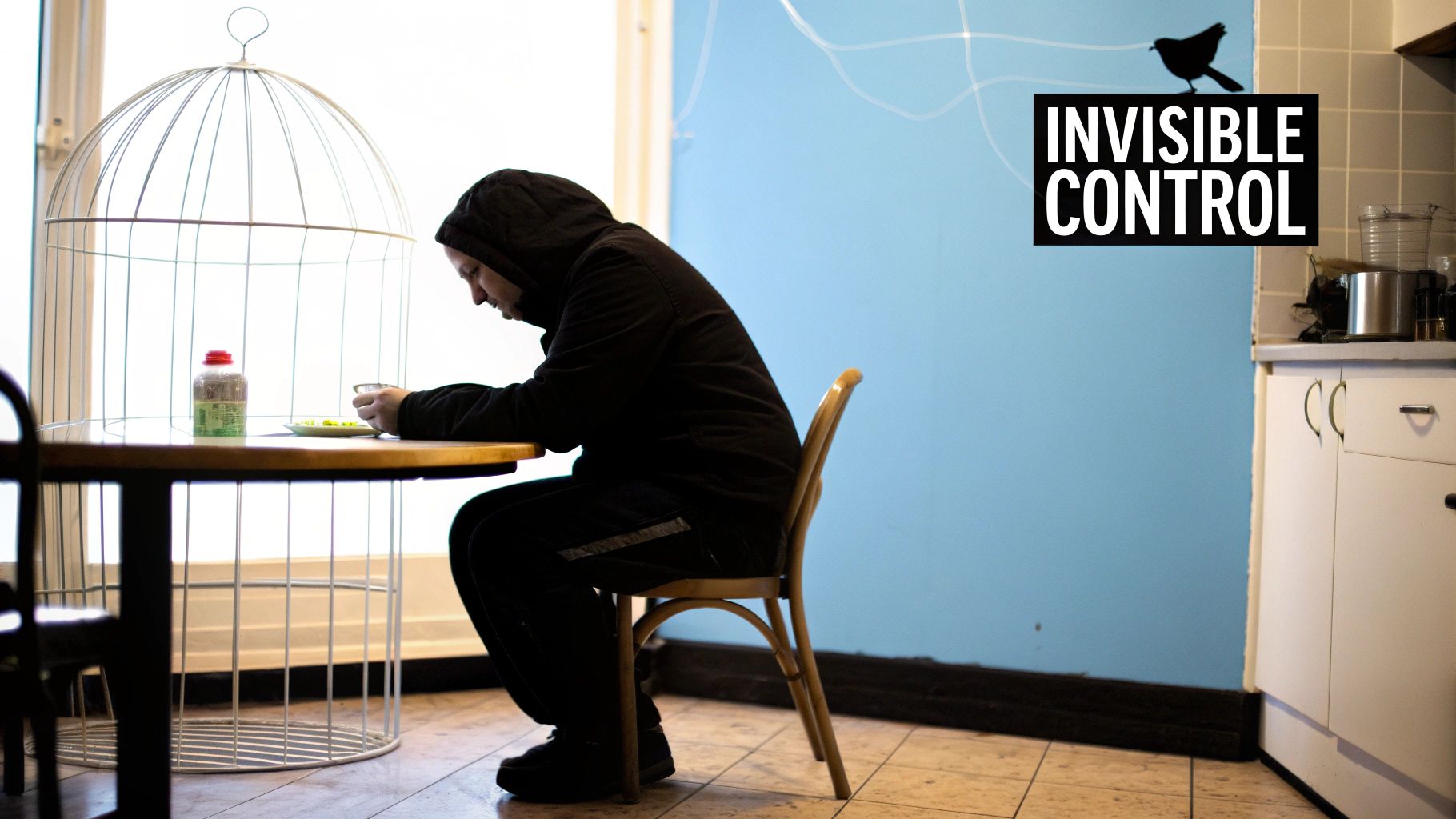 A person in a dark hoodie sits at a table near an empty birdcage, under "Invisible Control" text.