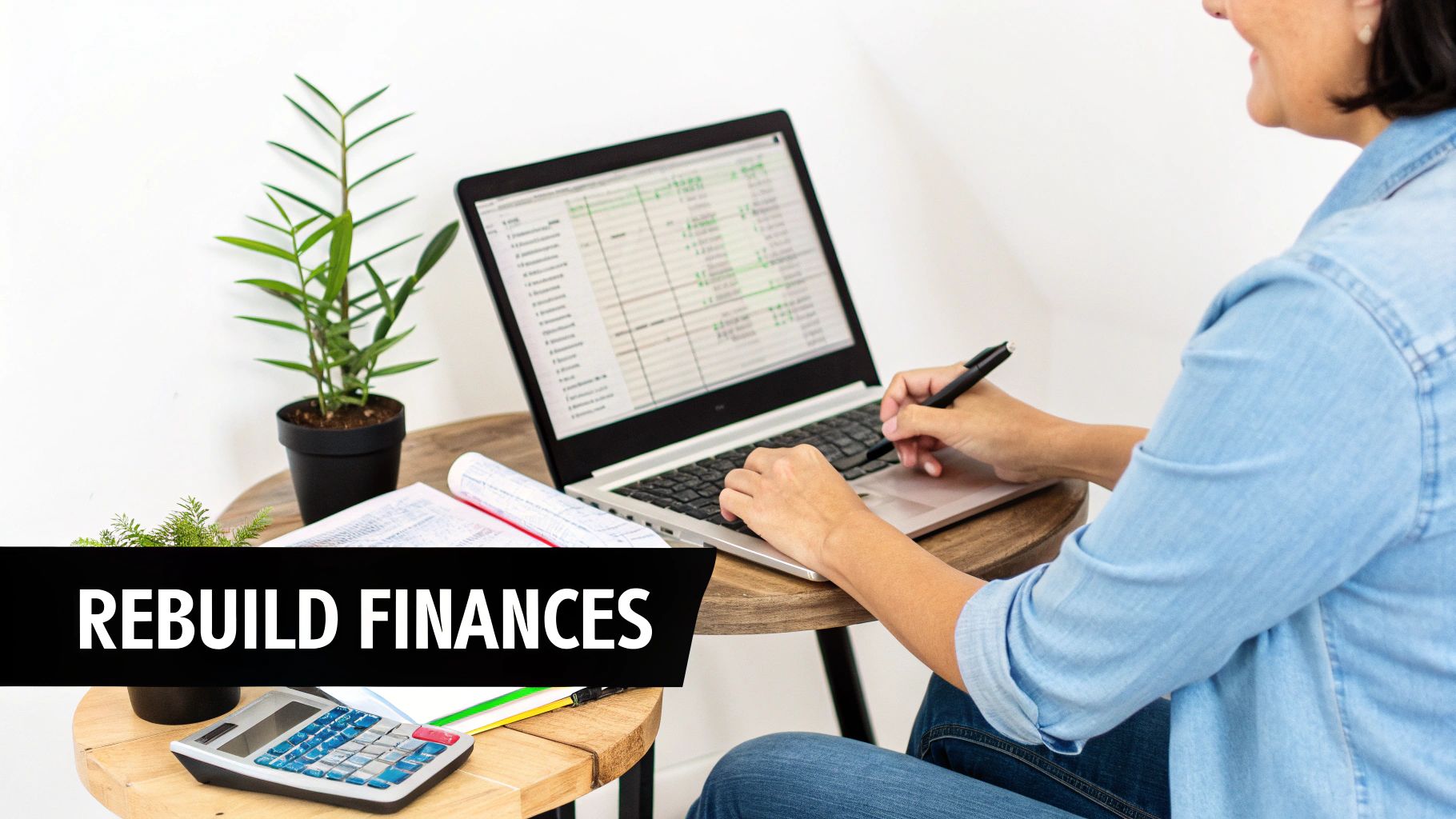 Smiling woman reviews financial data on laptop with calculator and plant for budgeting.