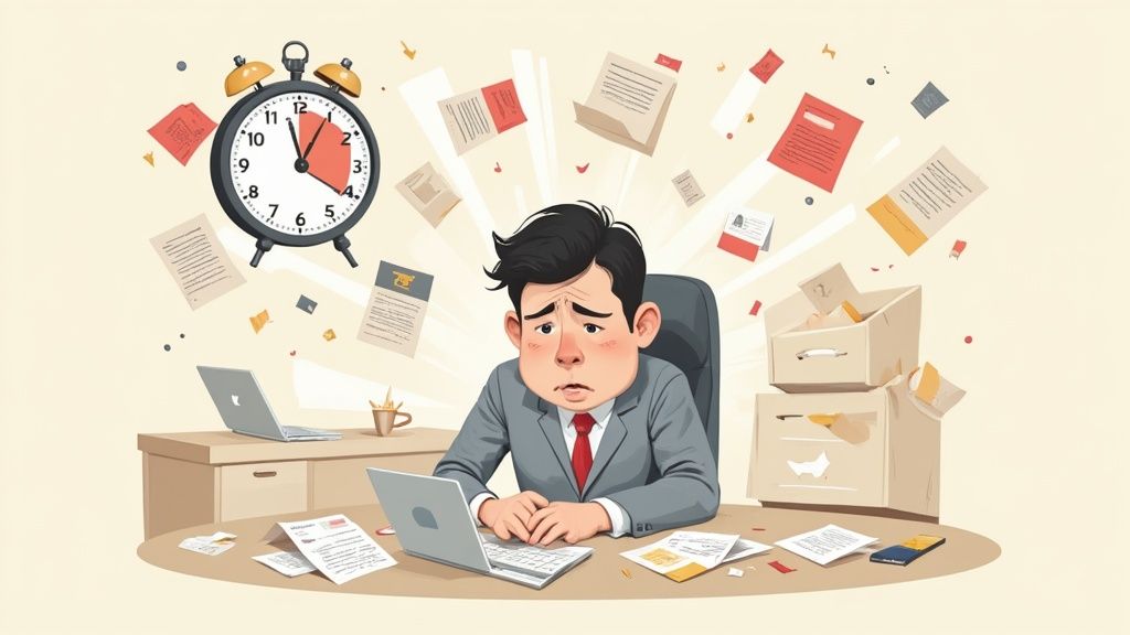 A cartoon of a stressed man at his desk, overwhelmed by work and a looming deadline.