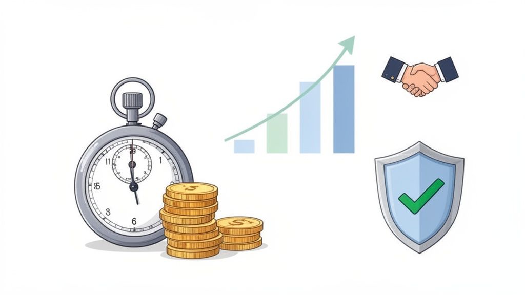 Illustration depicting business success with a stopwatch, coins, growth chart, handshake, and security shield.