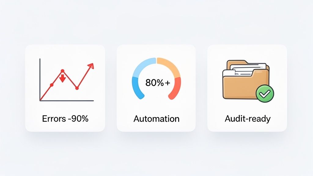 Three cards illustrating business benefits: 90% error reduction, over 80% automation, and audit-ready documents.