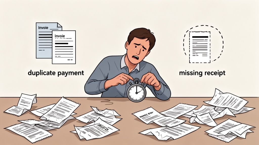 A stressed man struggles with expense management, surrounded by receipts, facing duplicate payments and missing receipts.