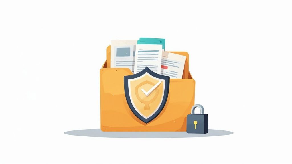 A secure digital lock icon overlaid on a document, symbolising document security.