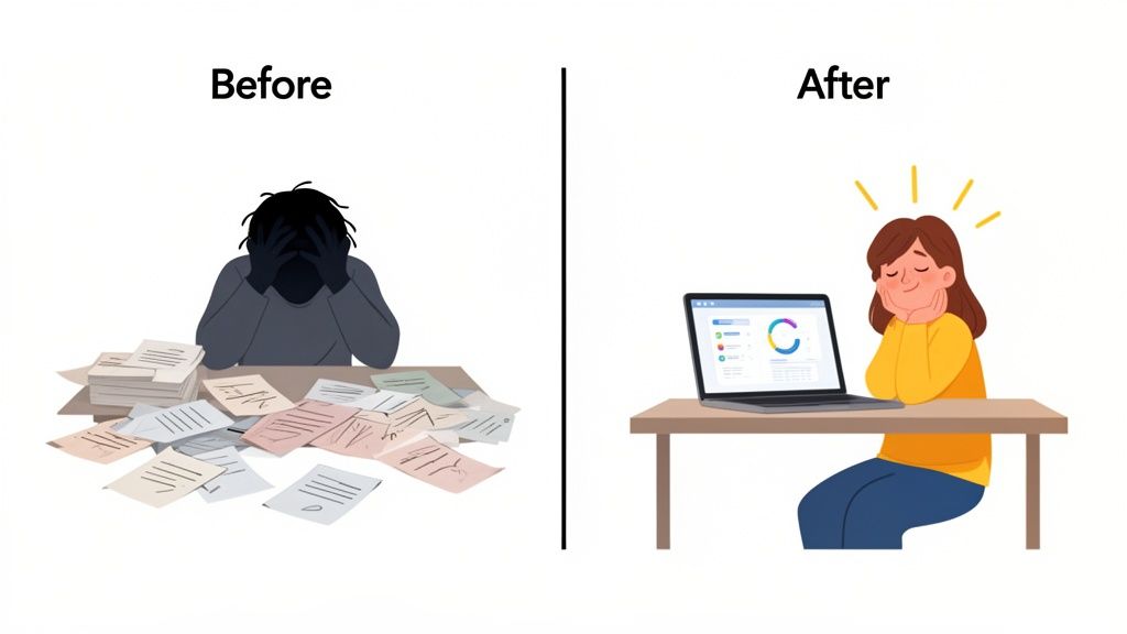 A person stressed by paper documents transforms into a happy person using a digital document system.