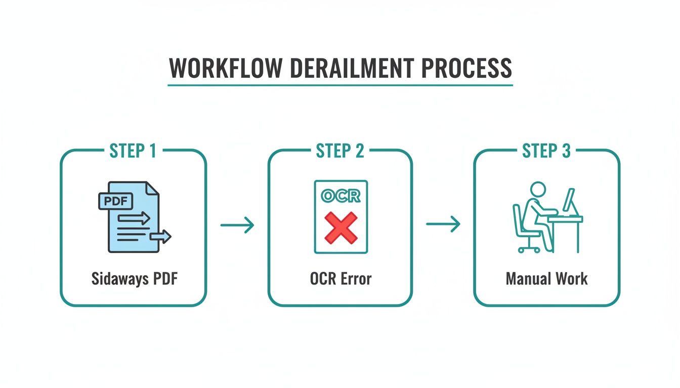 Workflow diagram showing sideways PDF leading to OCR error and subsequent manual work.