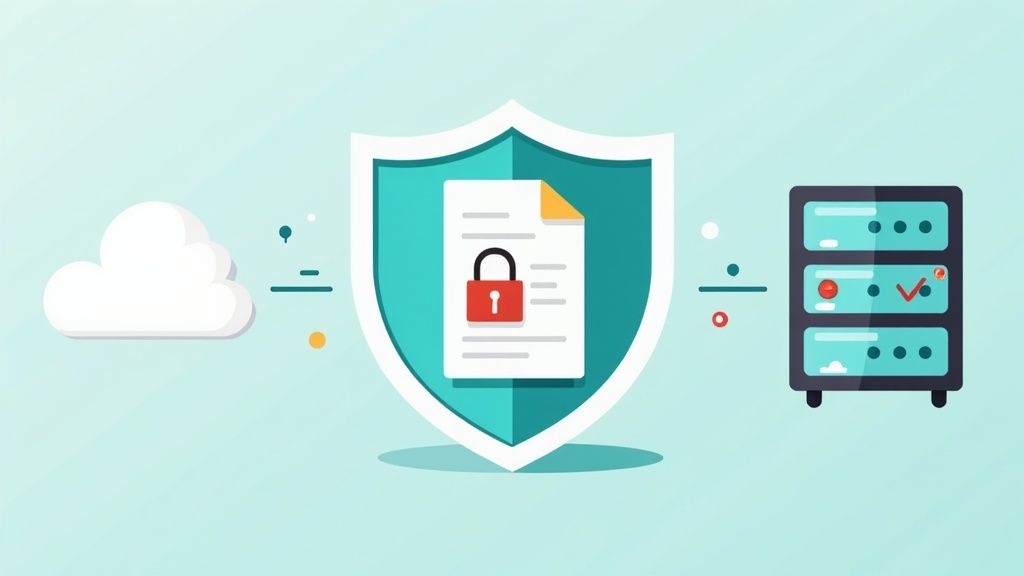 A person sitting at a desk with a laptop, with a digital lock icon floating above it, representing data security.