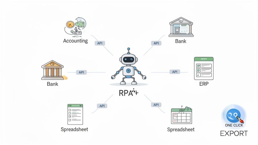 An RPA+ robot integrates via API with accounting, banks, ERP, and spreadsheets for efficient financial data management and export.