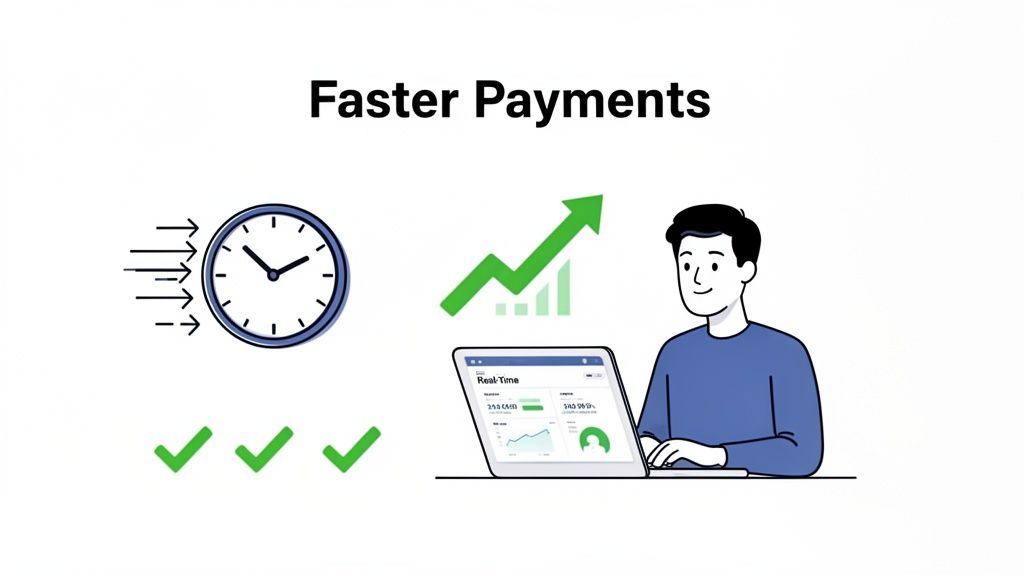 Illustration showing faster payments with a clock, an upward graph, and a person using a laptop with real-time data.