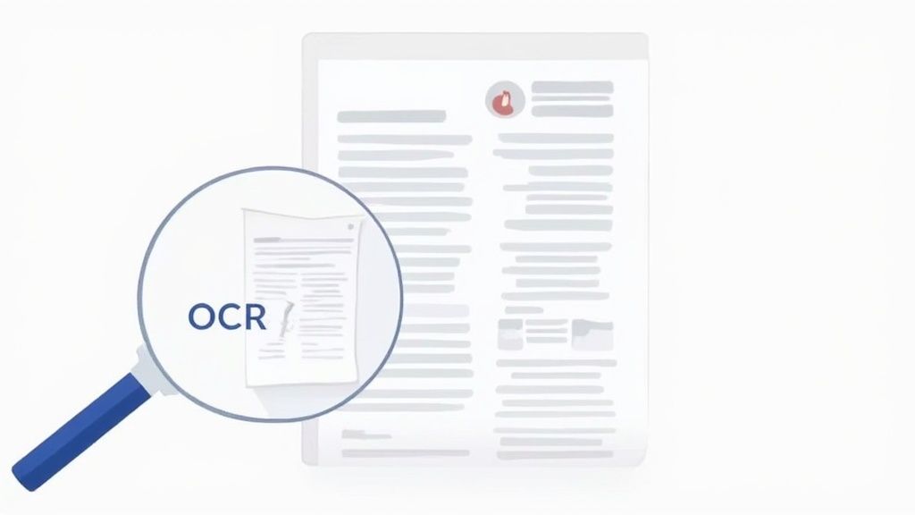 Magnifying glass zooms in on the word 'OCR' on a digital document, illustrating text recognition.