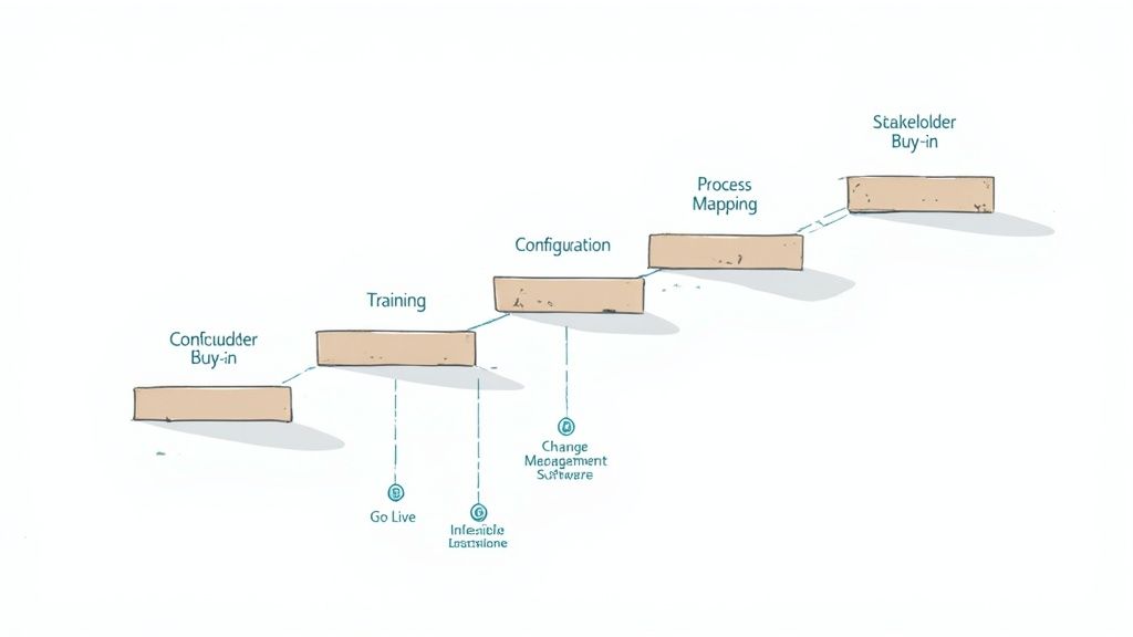A step-by-step diagram showing stages like buy-in, training, configuration, and process mapping, forming a staircase.