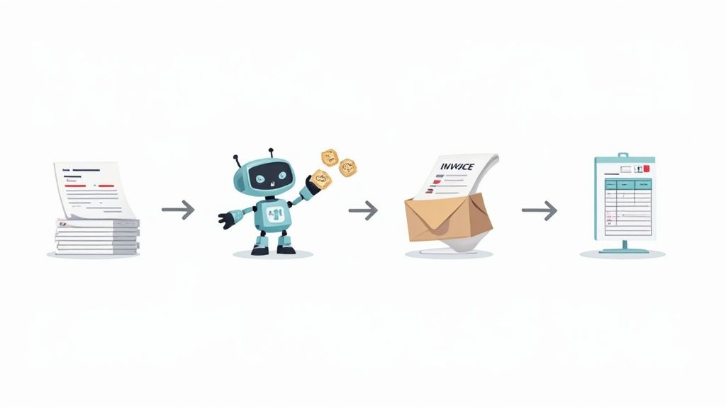 A robot automates document processing, transforming papers into invoices and structured data reports.