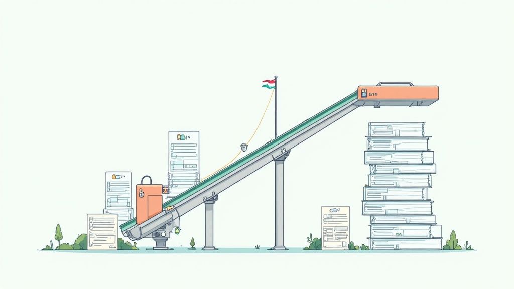 An illustration of a conveyor belt moving a briefcase towards a large stack of documents and a processing unit, suggesting a workflow.