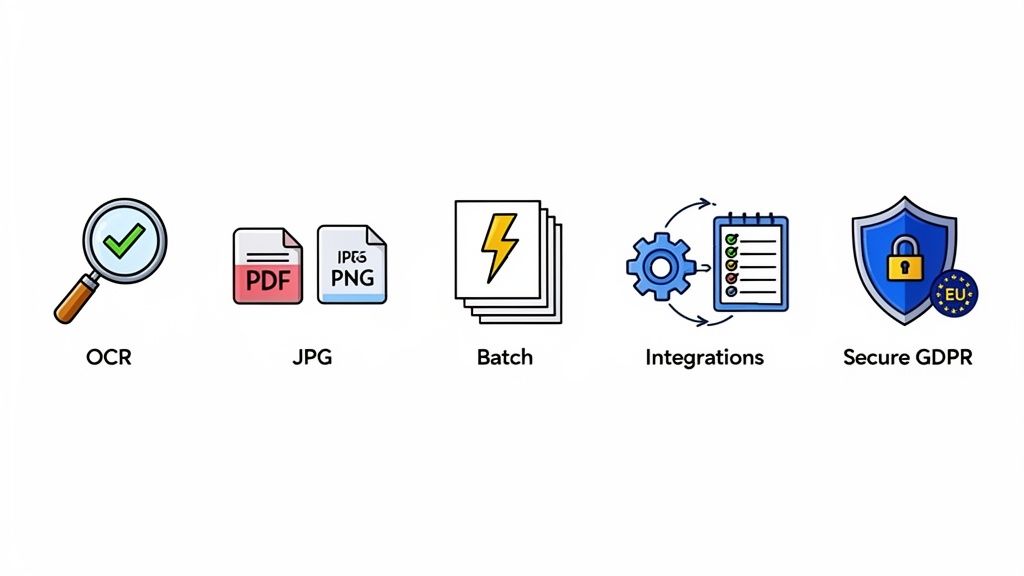 Icons representing document scanner features: OCR, PDF/JPG/PNG support, batch processing, integrations, and GDPR security.