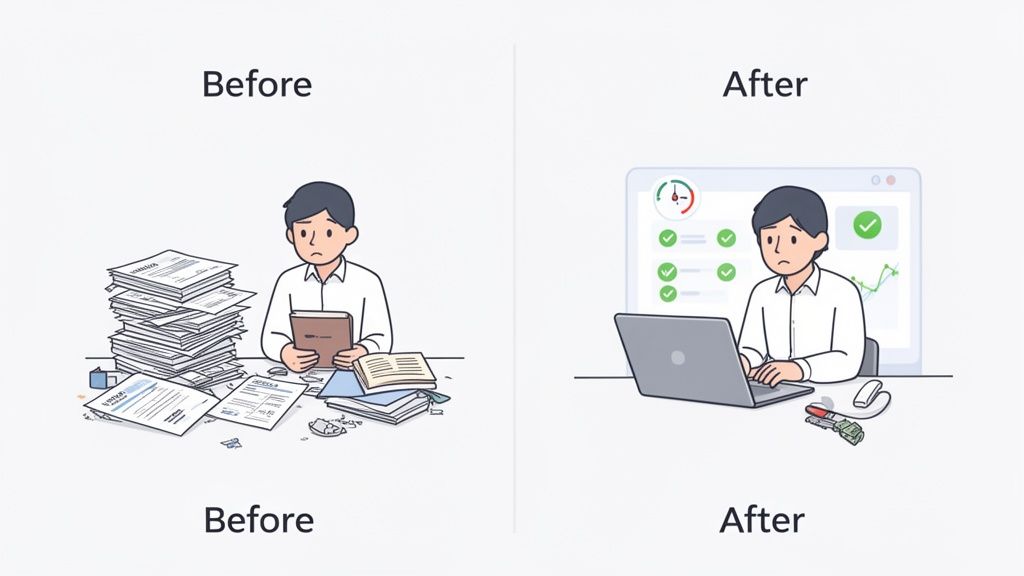 Man overwhelmed by paper before, then efficiently working with a laptop and digital dashboard after.
