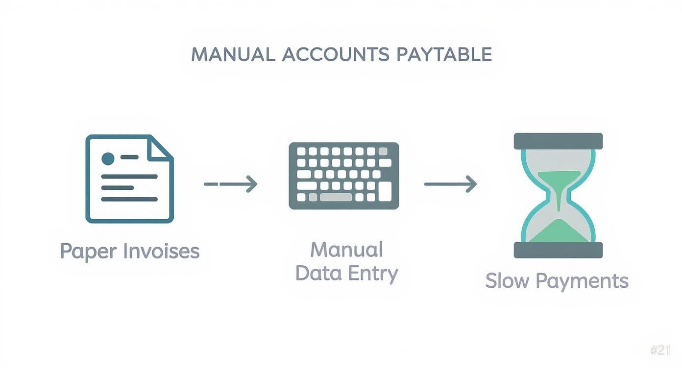Diagram explaining the inefficient manual accounts payable process from paper invoices to delayed payments.
