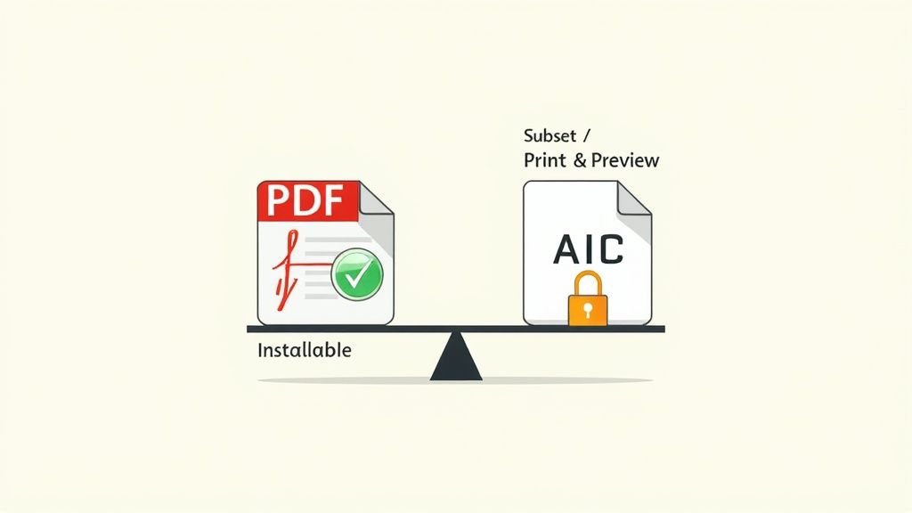 A balance scale visually comparing PDF files (installable) with AIC files (subset, print, preview, secure) for digital content.