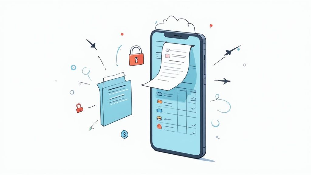 A person using a laptop with icons of receipts and transactions floating around, representing automation.