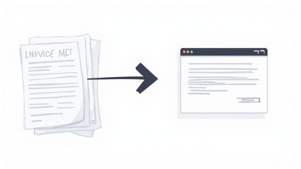 Arrow pointing from paper document to digital browser window showing document conversion process