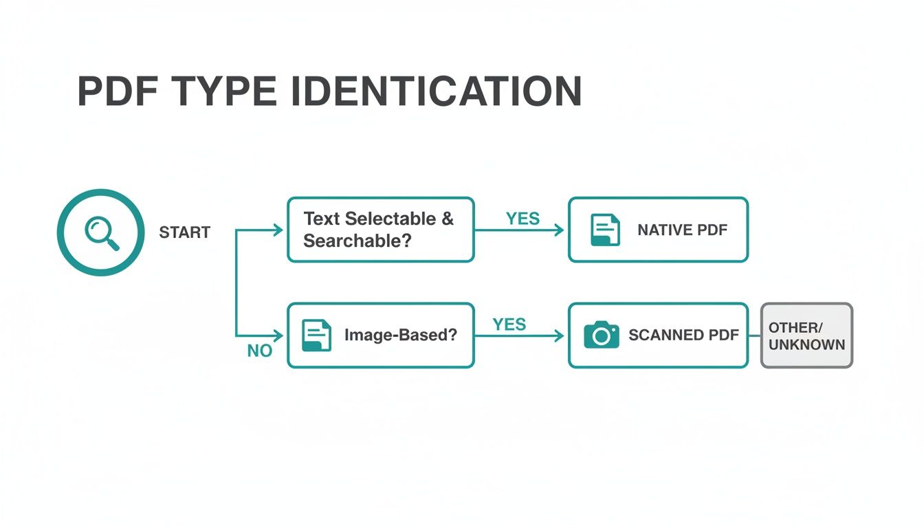 Flowchart illustrating the process of identifying PDF types based on text selectability and image content.