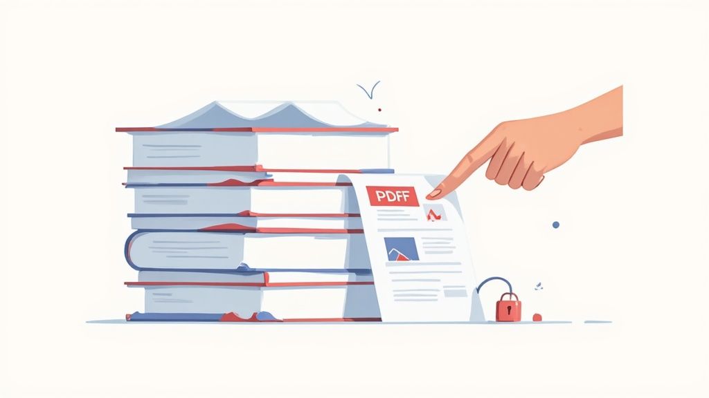 A hand points to a 'PDFF' document being pulled from a stack of books, with an open padlock nearby.