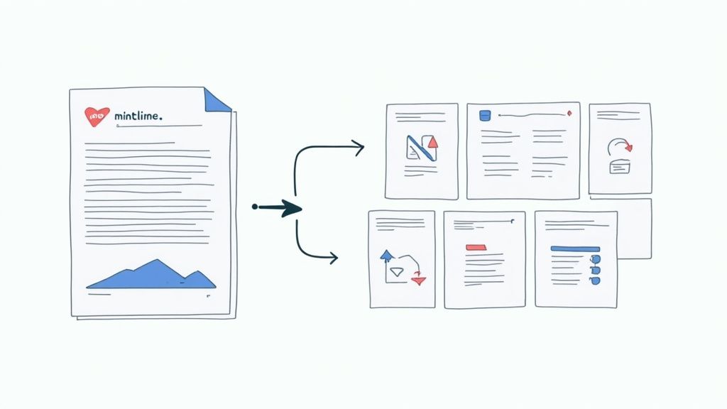 Document with Mintlime logo converting into multiple organized digital pages and layouts