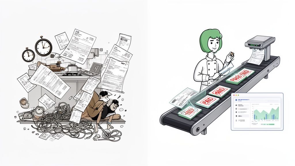 Comparison of chaotic manual paperwork versus streamlined,automated invoice processing with a digital dashboard.