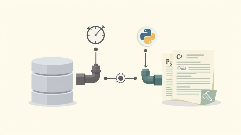 A code editor showing Python script for data export, with a database icon on one side and an Excel icon on the other, indicating the automated flow.