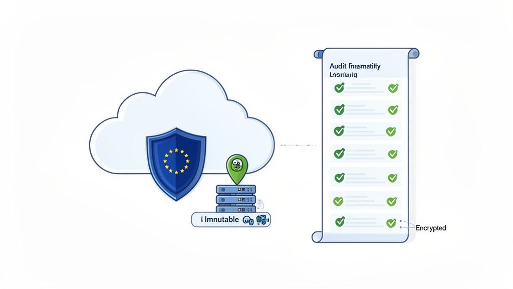EU-protected cloud data with immutable storage and encrypted audit trails for compliance.