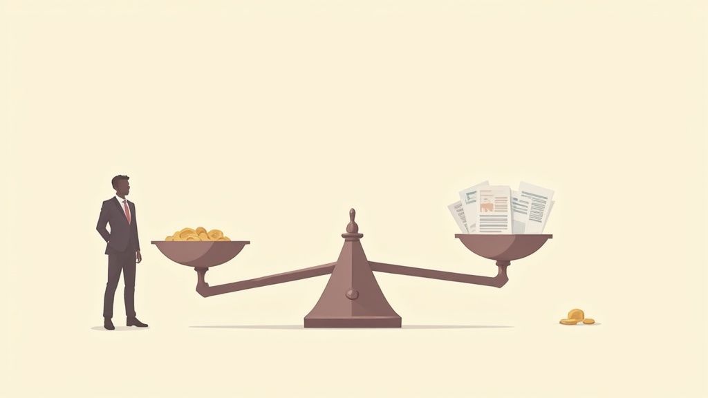 A balanced scale with coins on each side, representing the balance of the double entry bookkeeping system